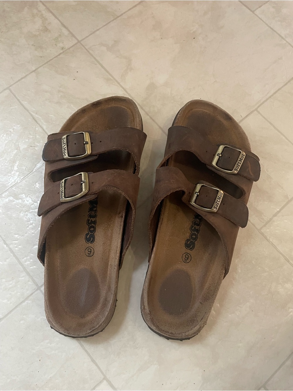 Leather and cork | Brown Women’s Double-Buckle Slide Sandals  (Size 9)